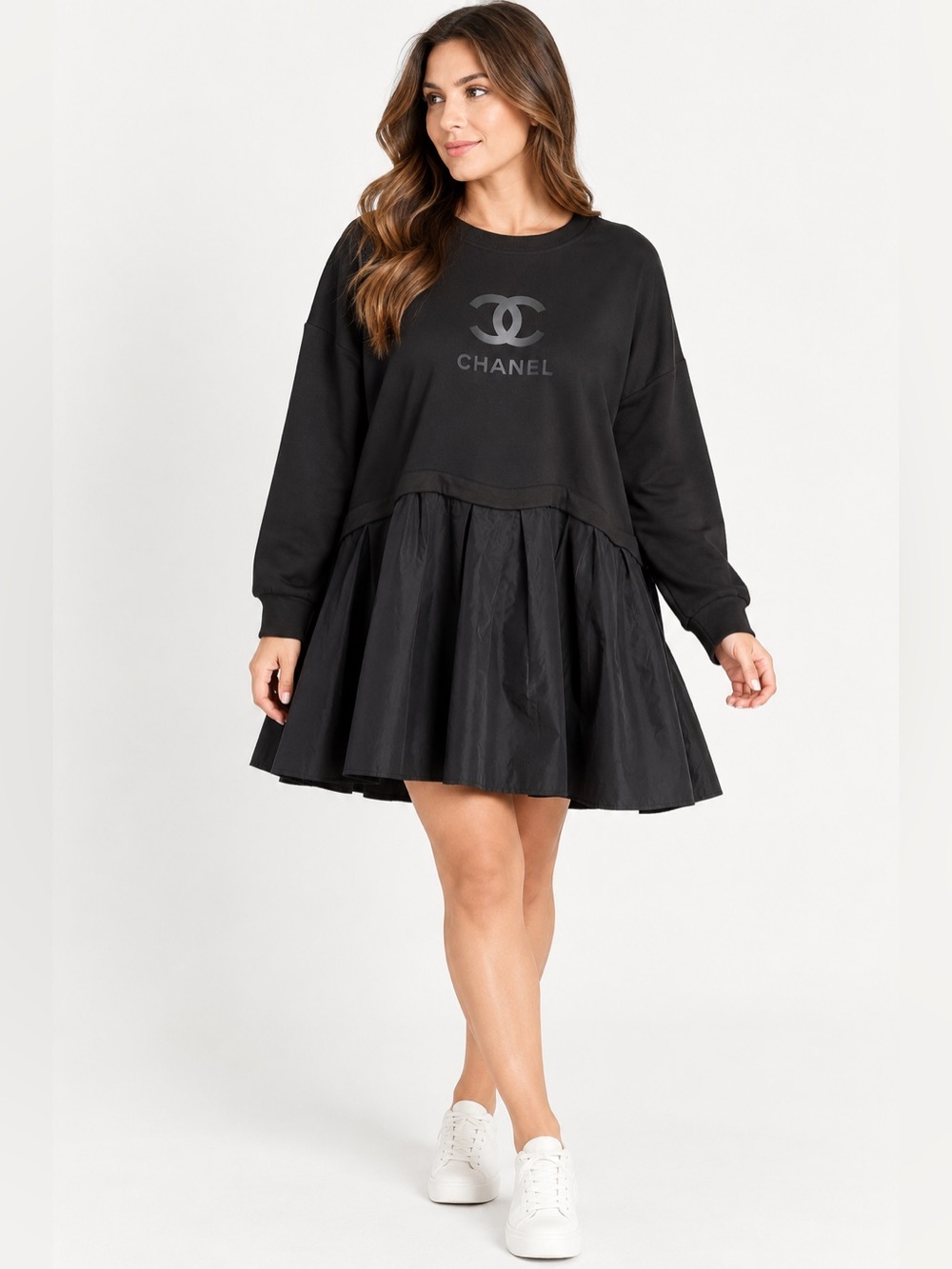 Custom Black Chanel CC Logo Sweatshirt Mini Dress Pleated Skirt Long Sleeve, XL